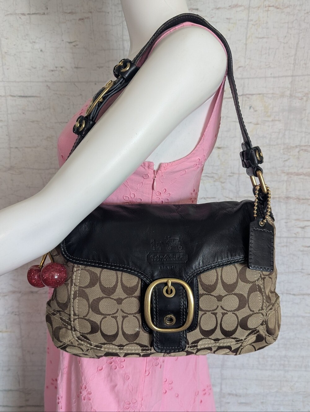 Coach Brown Signature Canvas and Black Leather Shoulder Bag - Picture 2 of 14